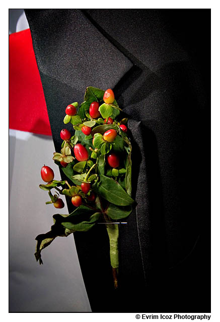 Red Hypericum Berry boutonnieres for the groom and groomsmen